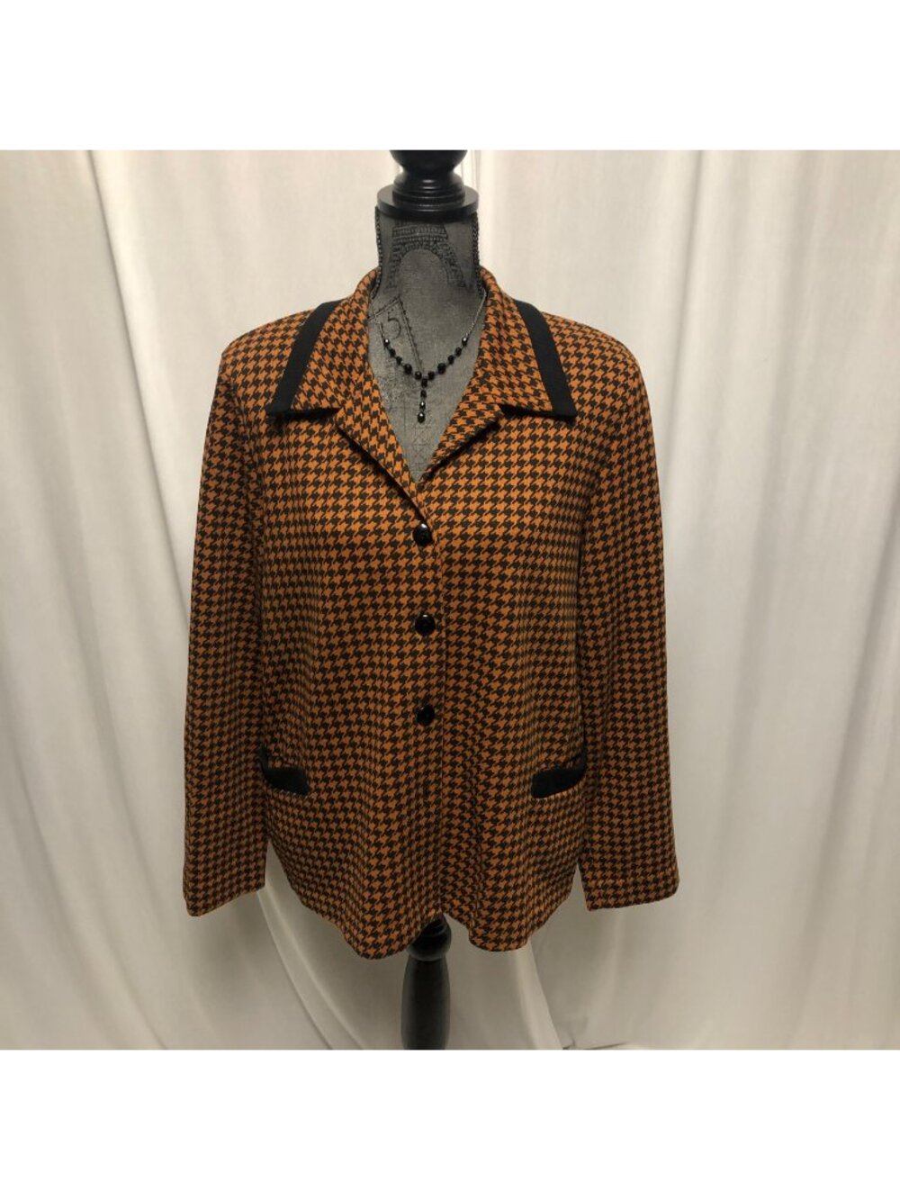 Vintage Houndstooth Blazer Womens Size Large Rust Brown Black Knit Jacket Office